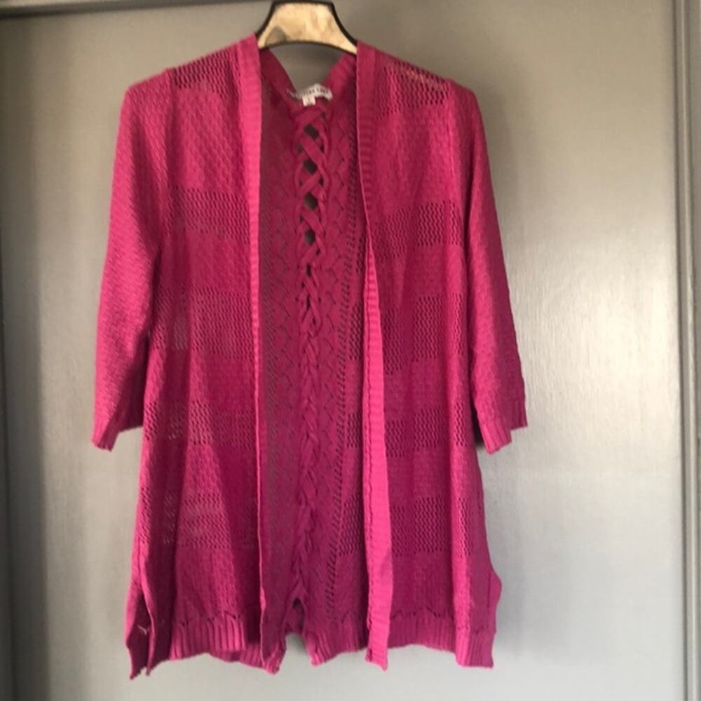 Pink Southern Lady Open Cardigan Sweater Lace Up Back 3/4 Sleeves size Small